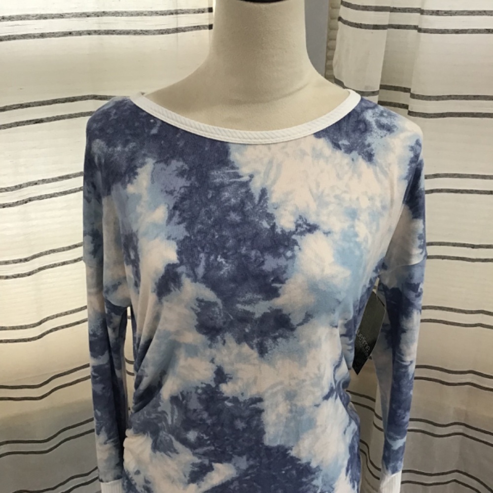Duetime Maternity Women’s Size Small Blue Tie Dye Long Sleeve Ruched Sides Soft - Picture 4 of 9